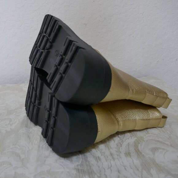 Gold Combat Mid Calf Lace Up Boots Zipper Detail Lug Heels Womens 43/12 - Picture 10 of 12